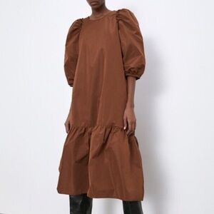 Zara Women XS Brown Puff Sleeves Ruffle Tiered Taffeta Voluminous Midi Dress